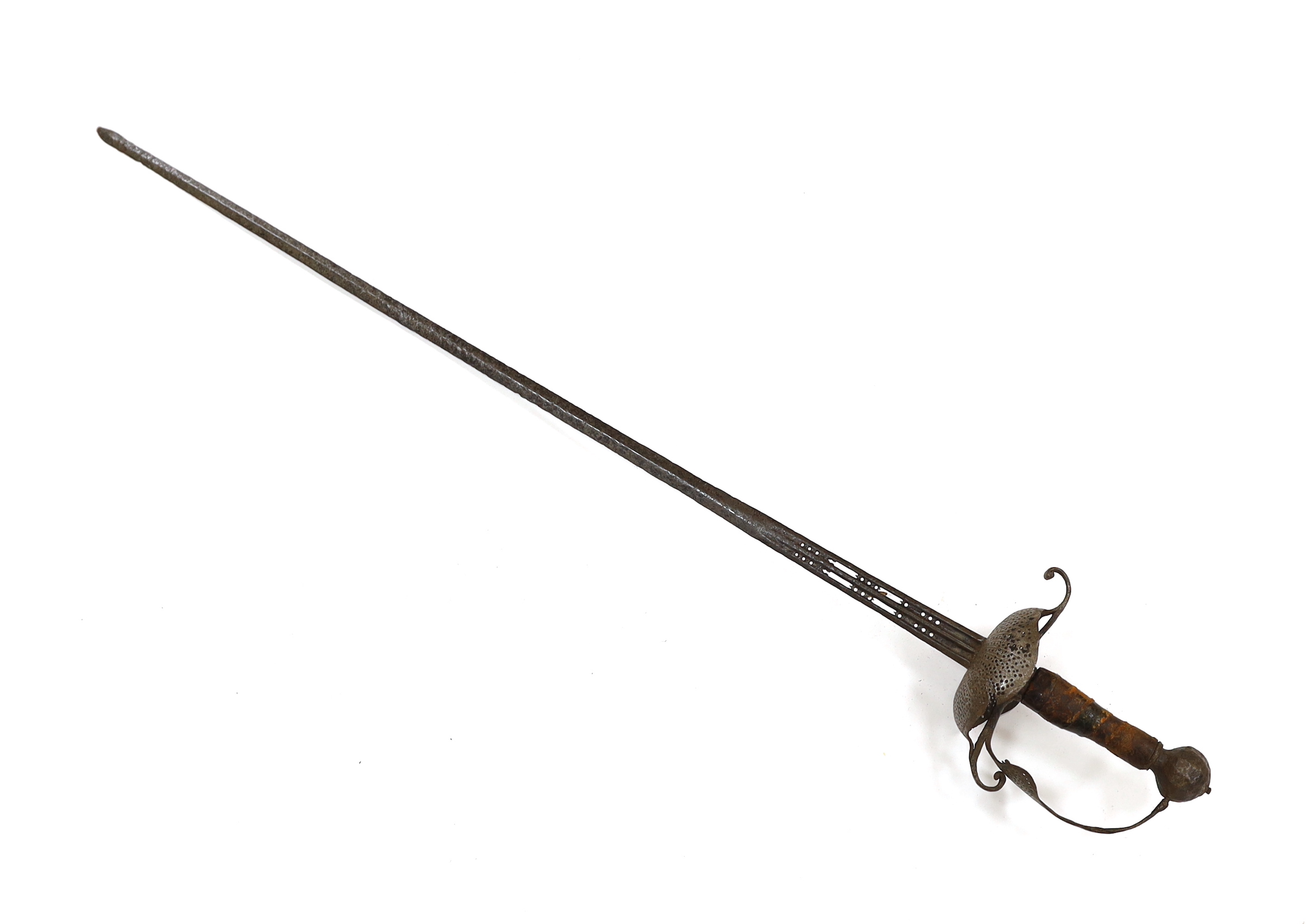 A mid 17th century English rapier, with pierced steel cup guard, loop guard and top of blade, steel pommell and leather grip, blade 77cm